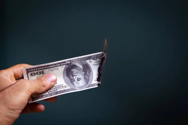 Hand Holds Dollar Bill Burning — Stock Photo, Image