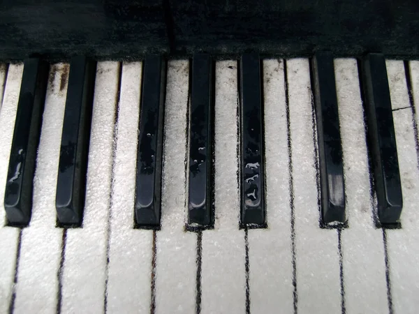 Açık havada açık havada kuyruklu piyano. - Yakın çekim. Piyano tuşlarında buz, kar ve su. Notalar ve oktavların dengesi yeterli bir melodinin anahtarıdır.. 
