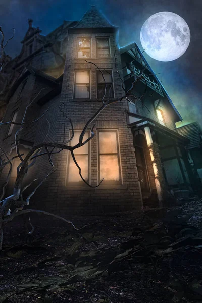 haunted house under moon, mysterious, gloomy, witches\' fantasy and enchantment atmosphere. Dark night. Mystery. Lights on. Old house, house in the forest.