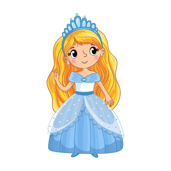 Princesa Vestido Azul Levanta Sobre Fondo Blanco Sonríe Ilustración Vectorial — Archivo Imágenes Vectoriales