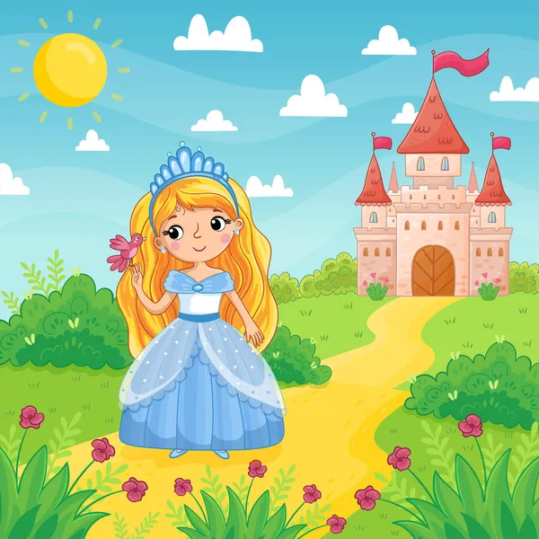 緑の草原の城の背景に鳥を保持青い美しいドレスのかわいい女の子と王女 漫画風のベクターイラスト — ストックベクタ