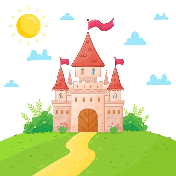 Dessin animé château de conte de fées dans une prairie verte. Illustration vectorielle dans un style de dessin animé. — Image vectorielle
