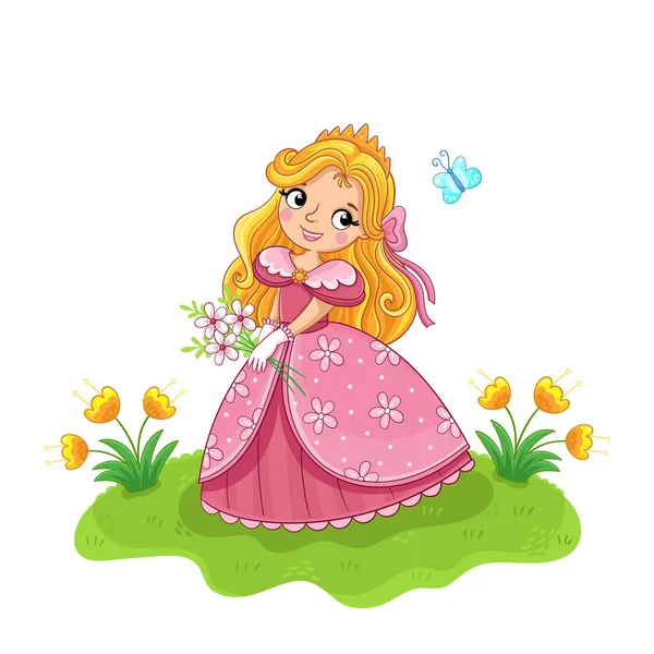 Menina e princesa bonito em um lindo vestido rosa stand em um prado verde. Ilustração vetorial em estilo cartoon —  Vetores de Stock