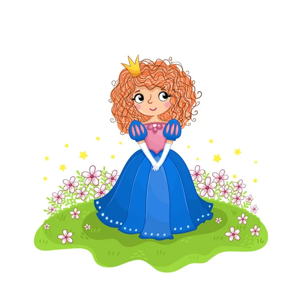 Linda chica en un estilo de dibujos animados. Princesa en un hermoso vestido azul de pie en un prado. Ilustración vectorial. — Vector de stock