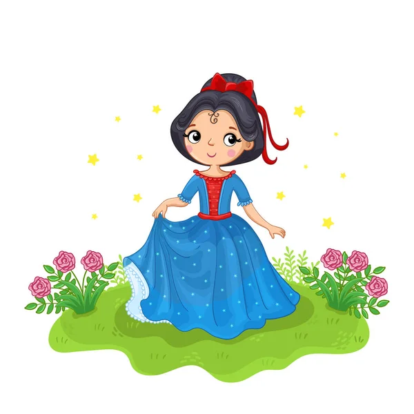 Linda chica en un estilo de dibujos animados. Princesa en un hermoso vestido azul de pie en un prado. Ilustración vectorial. — Vector de stock