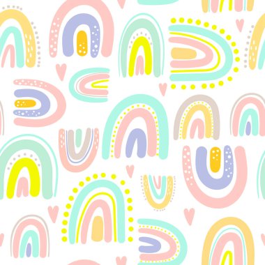 El çizimi şirin gökkuşağı pürüzsüz desen. Bebek tekstil, kumaş ve bebek hediye kartları için gökkuşağı baskısı.
