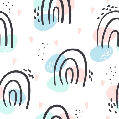 El çizimi şirin gökkuşağı pürüzsüz desen. Bebek tekstil, kumaş ve bebek hediye kartları için gökkuşağı baskısı.