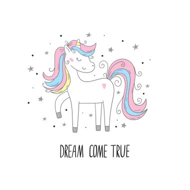 Tatlı çizgi film karakteri tek boynuzlu at. Vektör izi. Tek boynuzlu at ve sihir.