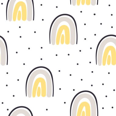 El çizimi şirin gökkuşağı pürüzsüz desen. Bebek tekstil, kumaş ve bebek hediye kartları için gökkuşağı baskısı