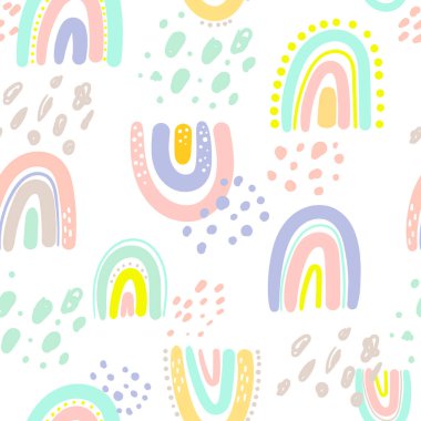 El çizimi şirin gökkuşağı pürüzsüz desen. Bebek tekstil, kumaş ve bebek hediye kartları için gökkuşağı baskısı