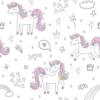 Peri boynuzlu atlarla kusursuz desen. Çocuk kıyafetleri, kumaş, tekstil, çocuk odası dekorasyonu, ambalaj kağıdı için mükemmel. Vektör İllüzyonu. Yaratıcı çocuksu arkaplan