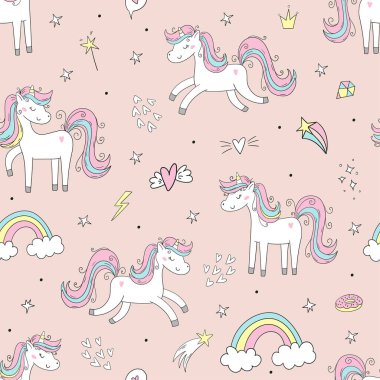 Peri boynuzlu atlarla kusursuz desen. Çocuk kıyafetleri, kumaş, tekstil, çocuk odası dekorasyonu, ambalaj kağıdı için mükemmel. Vektör İllüzyonu. Yaratıcı çocuksu arkaplan