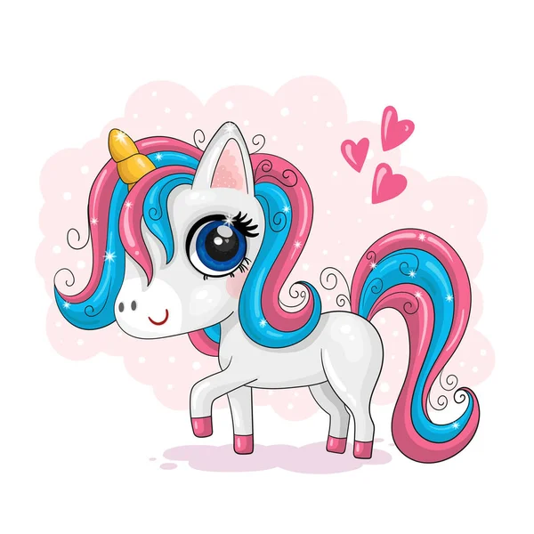 Lindo Unicornio Dibujos Animados Con Corazones Sobre Fondo Color Bueno — Vector de stock