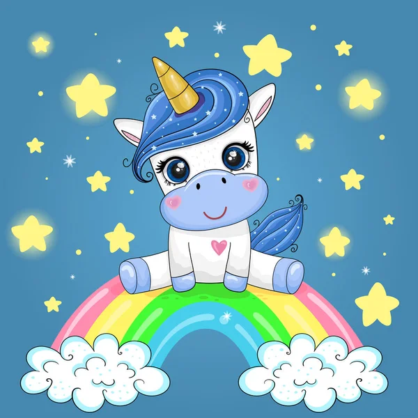 Cute Cartoon Unicorn Sitting Rainbow Background Night Sky Good Greeting — Stock Vector