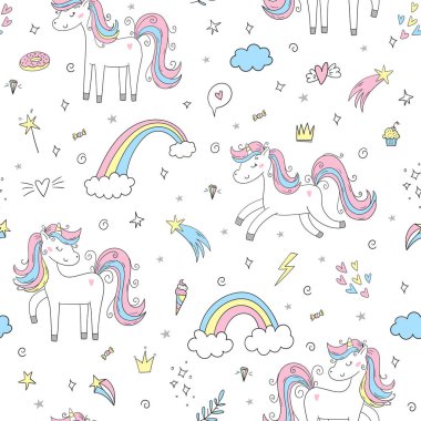 Peri boynuzlu atlarla kusursuz desen. Çocuk kıyafetleri, kumaş, tekstil, çocuk odası dekorasyonu, ambalaj kağıdı için mükemmel. Vektör İllüzyonu. Yaratıcı çocuksu arkaplan.