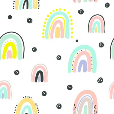 El çizimi şirin gökkuşağı pürüzsüz desen. Bebek tekstil, kumaş ve bebek hediye kartları için gökkuşağı baskısı.
