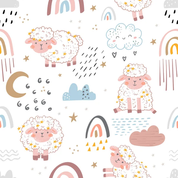 Modello senza soluzione di continuità con pecore carino, luna, nuvole. Creativo buona notte sfondo. Perfetto per abbigliamento per bambini, tessuto, tessile, decorazione di vivai, carta da pacchetto.Illustrazione vettoriale — Vettoriale Stock
