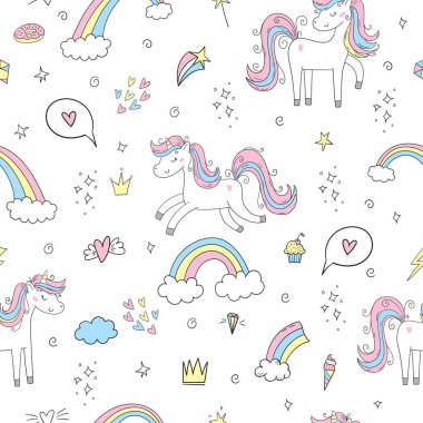 Peri boynuzlu atlarla kusursuz desen. Çocuk kıyafetleri, kumaş, tekstil, çocuk odası dekorasyonu, ambalaj kağıdı için mükemmel. Vektör İllüzyonu. Yaratıcı çocuksu arkaplan.