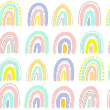 El çizimi şirin gökkuşağı pürüzsüz desen. Bebek tekstil, kumaş ve bebek hediye kartları için gökkuşağı baskısı.