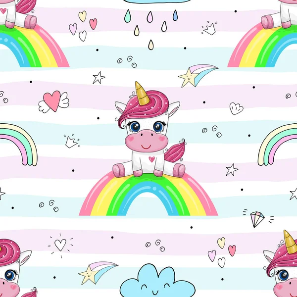 Seamless pattern with cute fairy unicorns. Creative childish background. Perfect for kids apparel,fabric, textile, nursery decoration,wrapping paper.Vector Illustration. — Stok Vektör
