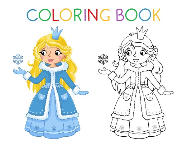 Coloring book for children. Cute girl in a cartoon style in snow forest background. Vector illustration with a princess in a beautiful dress. — Stockový vektor