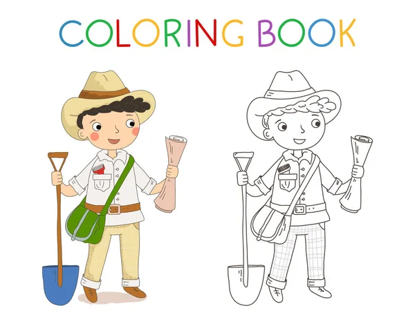 Libro para colorear para niños. Dibujos animados ilustración de un arqueólogo. Niños trabajadores. Niño profesional. — Vector de stock