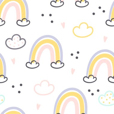 El çizimi şirin gökkuşağı pürüzsüz desen. Bebek tekstil, kumaş ve bebek hediye kartları için gökkuşağı baskısı.