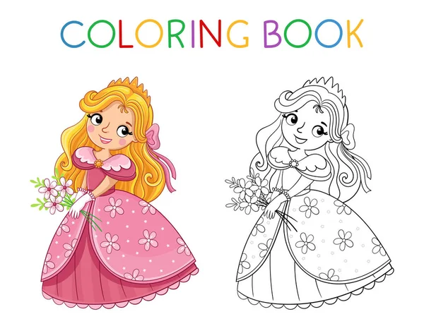 Festőkönyv gyerekeknek. Aranyos kislány és hercegnő rózsaszín gyönyörű ruhában. Vektor illusztráció rajzfilm stílusban — Stock Vector