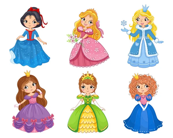 Ställ med serietjejer. Vektor illustration med prinsessor i färgglada klänningar. — Stock vektor