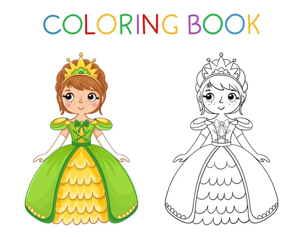 Målarbok för barn. Söt liten flicka och prinsessa i en grön vacker klänning. Vektor illustration i tecknad stil — Stock vektor