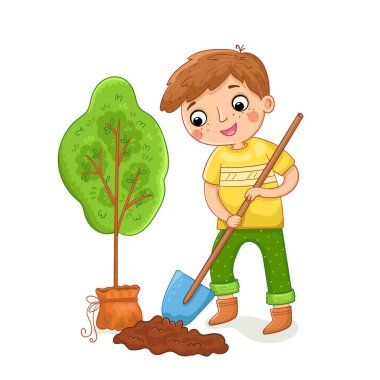 Ağaç vektörü illüstrasyonu yapan sevimli küçük çocuk.