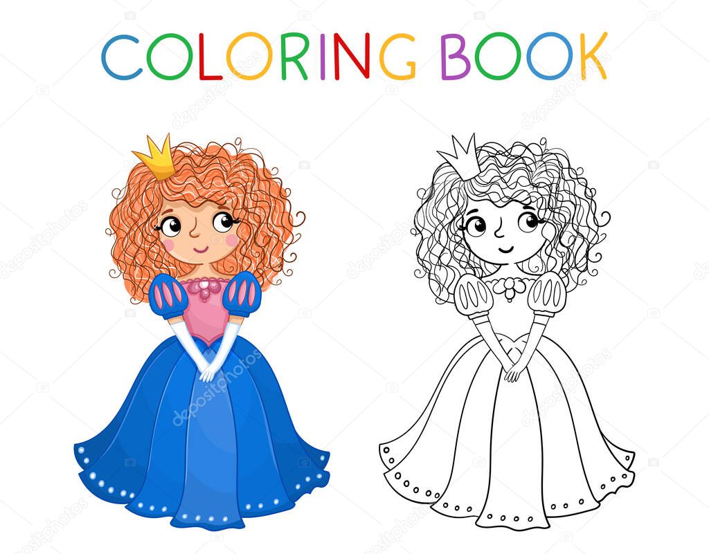Coloring book for children. Cute little girl and princess in a beautiful dress. Vector illustration in a cartoon style.