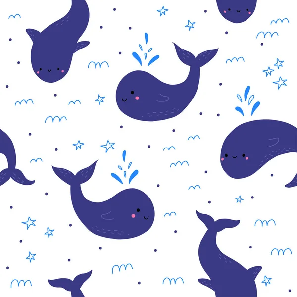 Söt sömlös mönster med val. Vacker sömlös tapet med söta valar på en vit bakgrund — Stock vektor