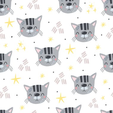 Çizgi film kedileriyle kusursuz desen. Vektör çizimi. Yaratıcı çocuksu arkaplan