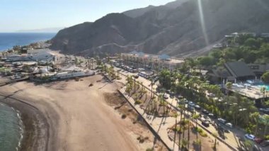 Orta Doğu şehir manzaralı yol palmiyeleri sokağı ve binalar