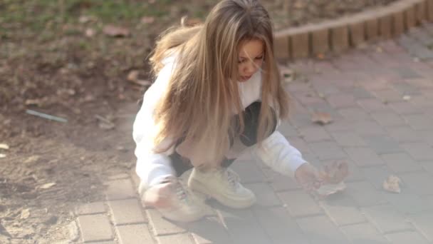 Wesoła i słodka dziewczynka zbiera opadłe jesienne liście. spacery po jesiennym parku z dziećmi — Wideo stockowe