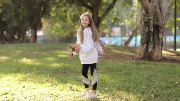Девочка играет с опавшими осенними листьями — стоковое видео