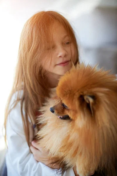 Симпатичный ребенок играет с собакой на окне. мягкий фокус — стоковое фото