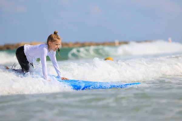 Happy Girl Young Surfer Ride Surfboard Fun Sea Waves Active — ストック写真