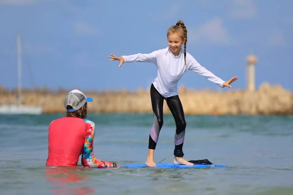 Little Surf Girl Young Surfer Learn Ride Surfboard Instructor Surfing — Photo