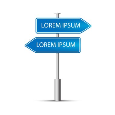 İki mavi oklu yol tabelası. Metin, bilgi ya da gösterge için yeri olan bir yön göstergesi. Vektör illüstrasyonu