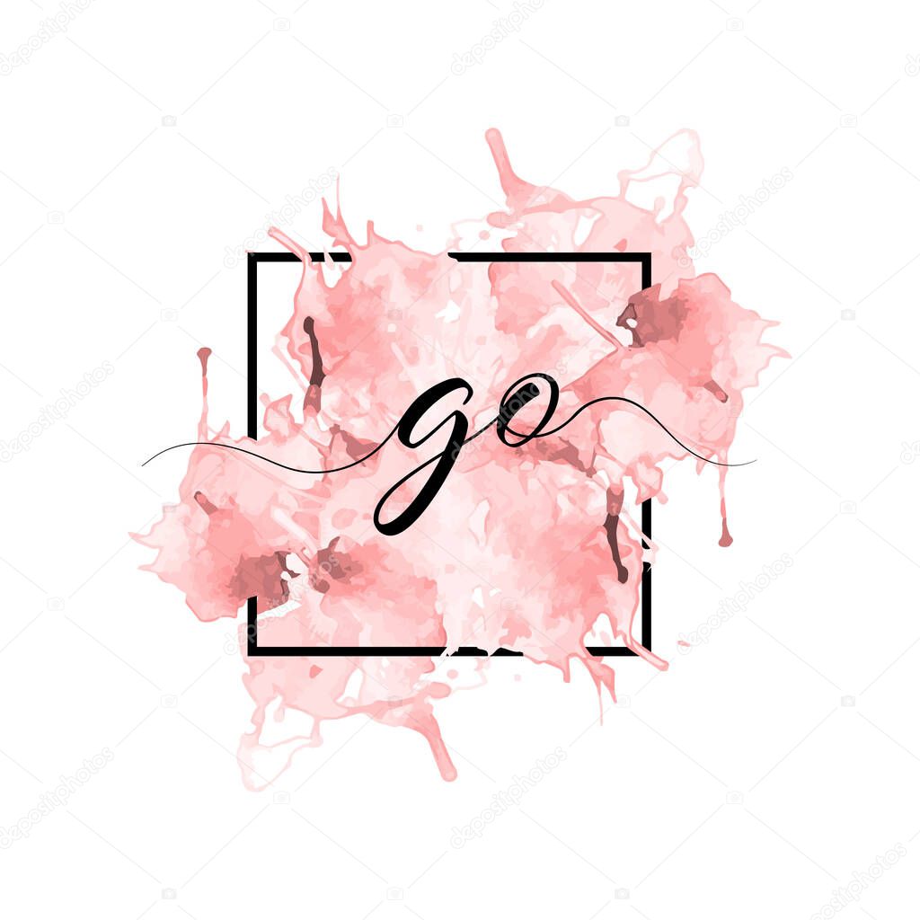 calligraphic lowercase letters G and O are written in a solid line on a colored background in a frame. Simple Style