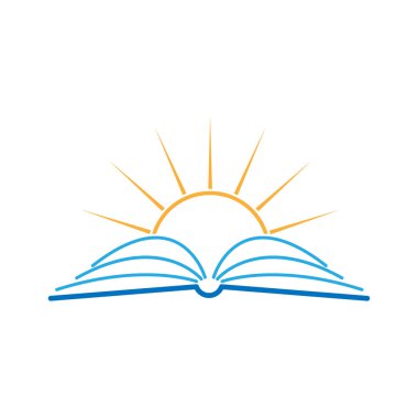 Açık bir kitap ve güneş. Daire simgesi, eğitim ve eğitimin sembolü. Düz vektör illüstrasyonu