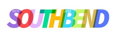 Güney Bend 'de. Beyaz bir arka planda şehrin adı. Poster, kartpostal ve afiş için vektör tasarım şablonu. Vektör illüstrasyonu.