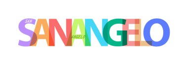 SAN ANGELO. Beyaz bir arka planda şehrin adı. Poster, kartpostal ve afiş için vektör tasarım şablonu. Vektör illüstrasyonu.