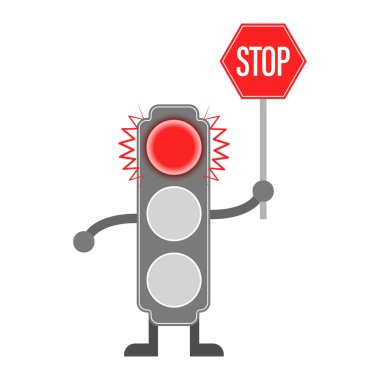 Çocukların eğitimi, kitapları, afişleri, posterleri ve yaratıcı tasarımı için kırmızı ışığı ve dur işaretli bir trafik ışığı tasviri. Düz biçim.