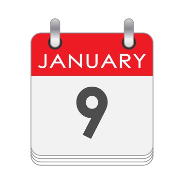 9 Ocak. 9 Ocak tarihli bir takvim sayfası. Düz biçim.