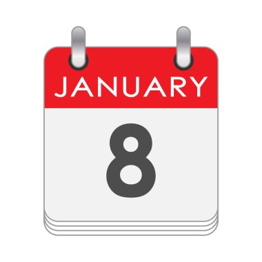 8 Ocak. 8 Ocak tarihli bir takvim sayfası. Düz biçim.