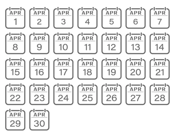 Kwiecień Miesiąc Liczbami Zestaw Arkuszy Kalendarzowych Dla Strony Internetowej Aplikacji — Wektor stockowy