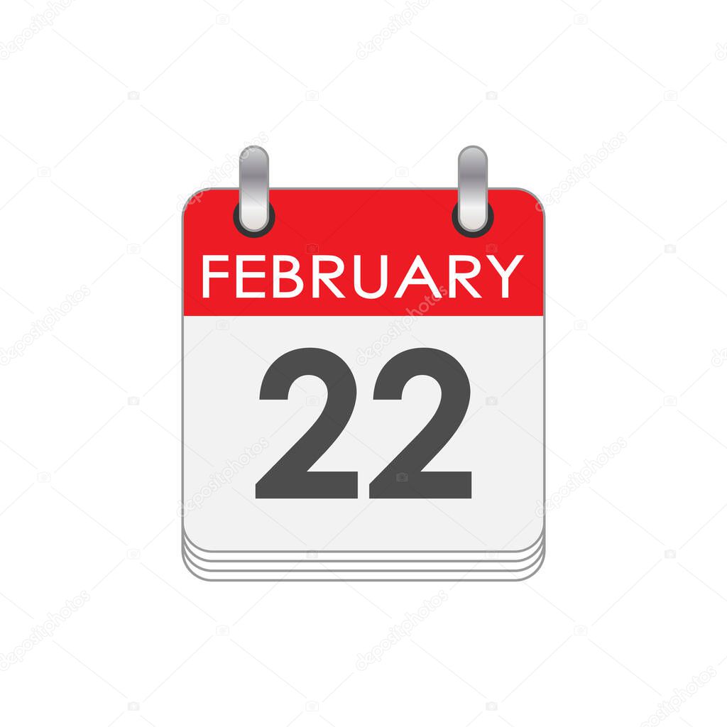 February 22. A leaf of the flip calendar with the date of February 22. Flat style.
